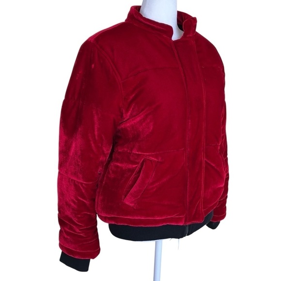 Me Jane Velvet Plush Bomber Puffer Jacket Zip Up Vibrant Cherry Red Cozy FLAWS S - Picture 5 of 16